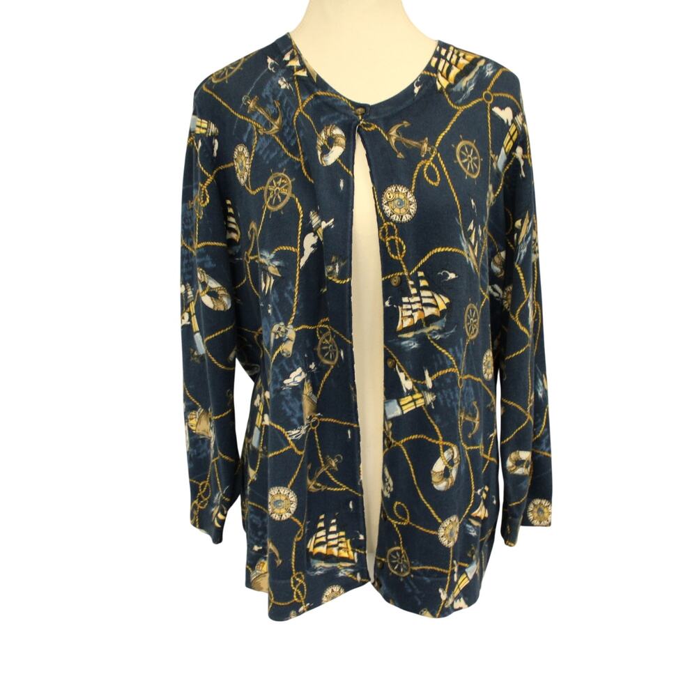 Liz Claiborne Sweater Cardigan Nautical Print Vintage Size XL Cotton Lightweight